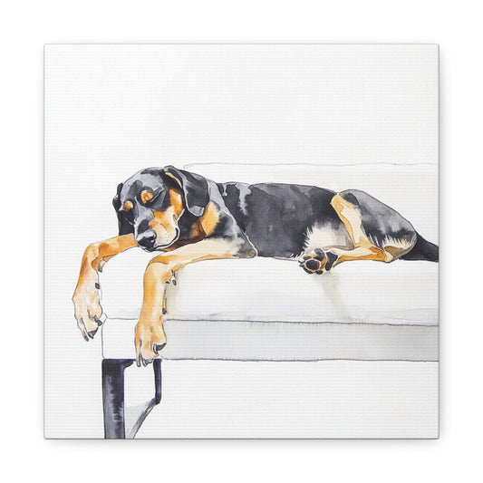 Canvas Gallery Wraps - Watercolor Black and Tan Coonhound Sleeping on Couch